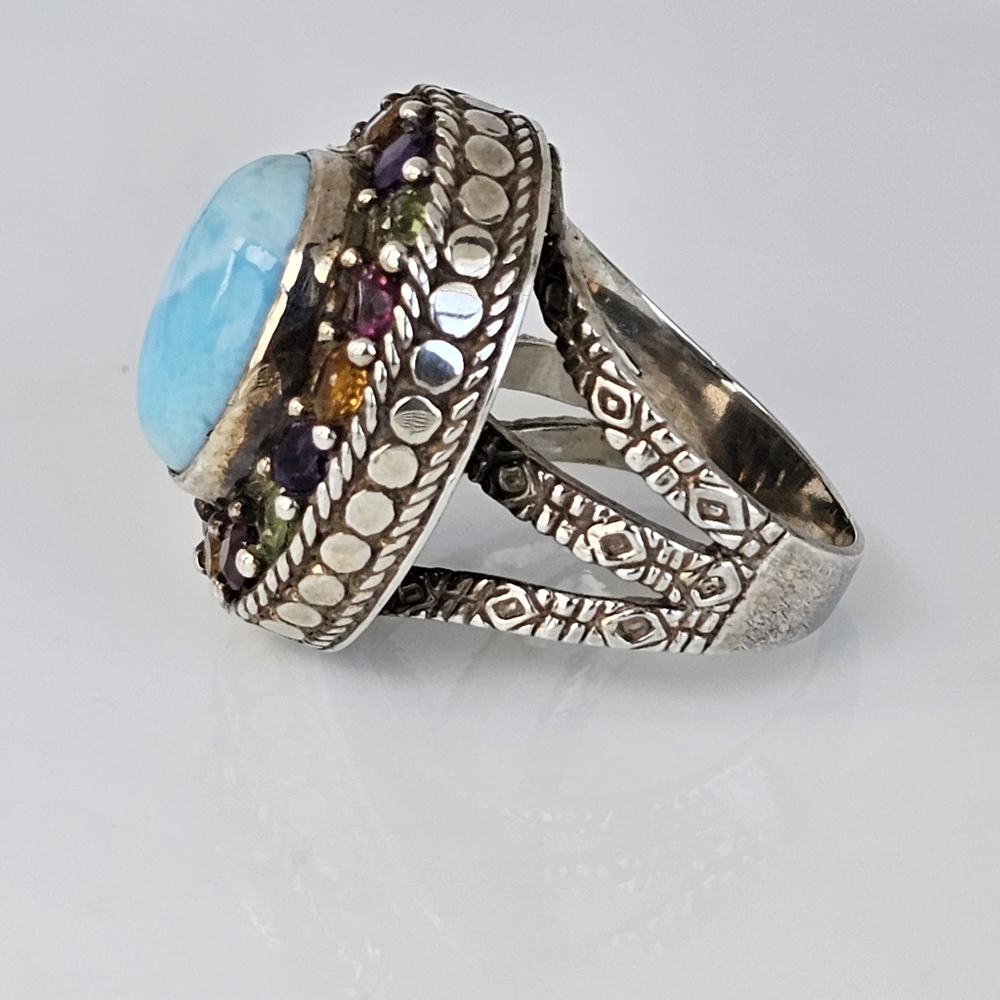 Artisan Crafted Natural Larimar & Multicolor Tourmaline 💍 Sterling Silver Sz 7. - Picture 11 of 12